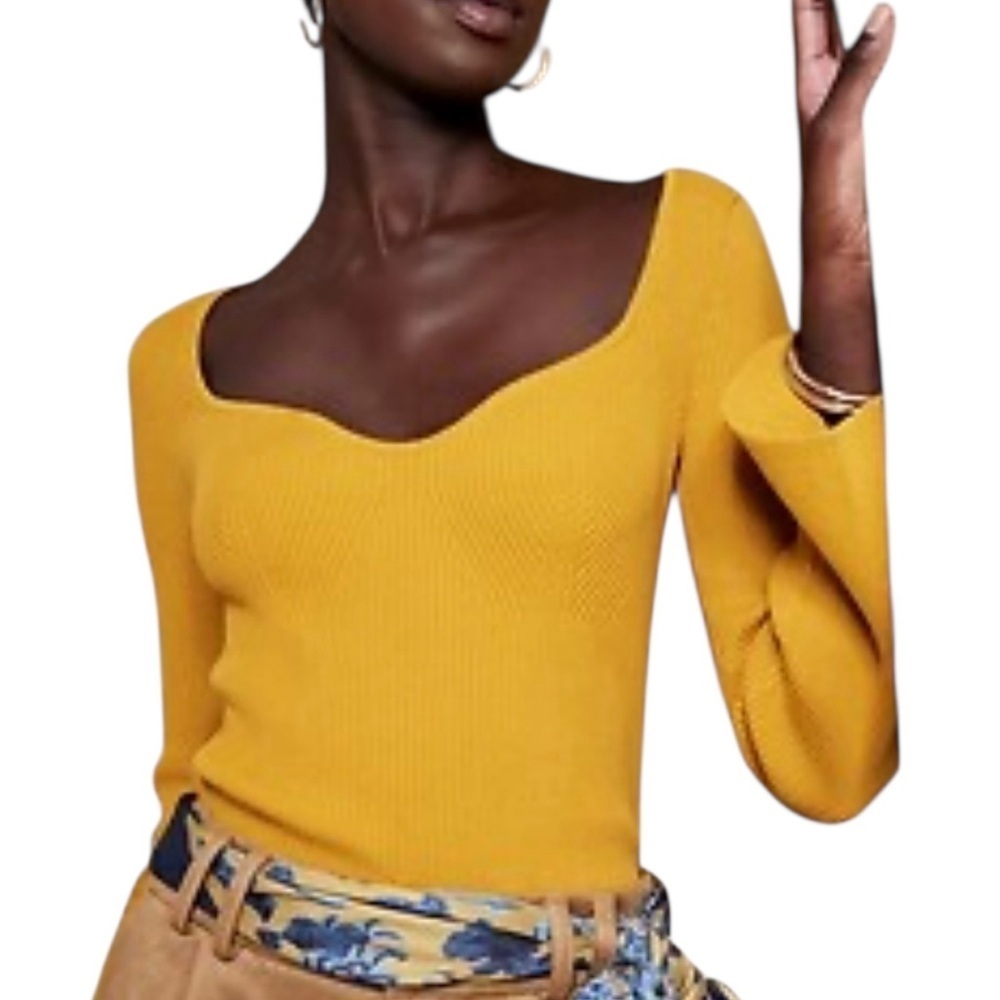 Banana Republic Women’s Mustard Yellow Rib Knit Sweater with bell sleeves S